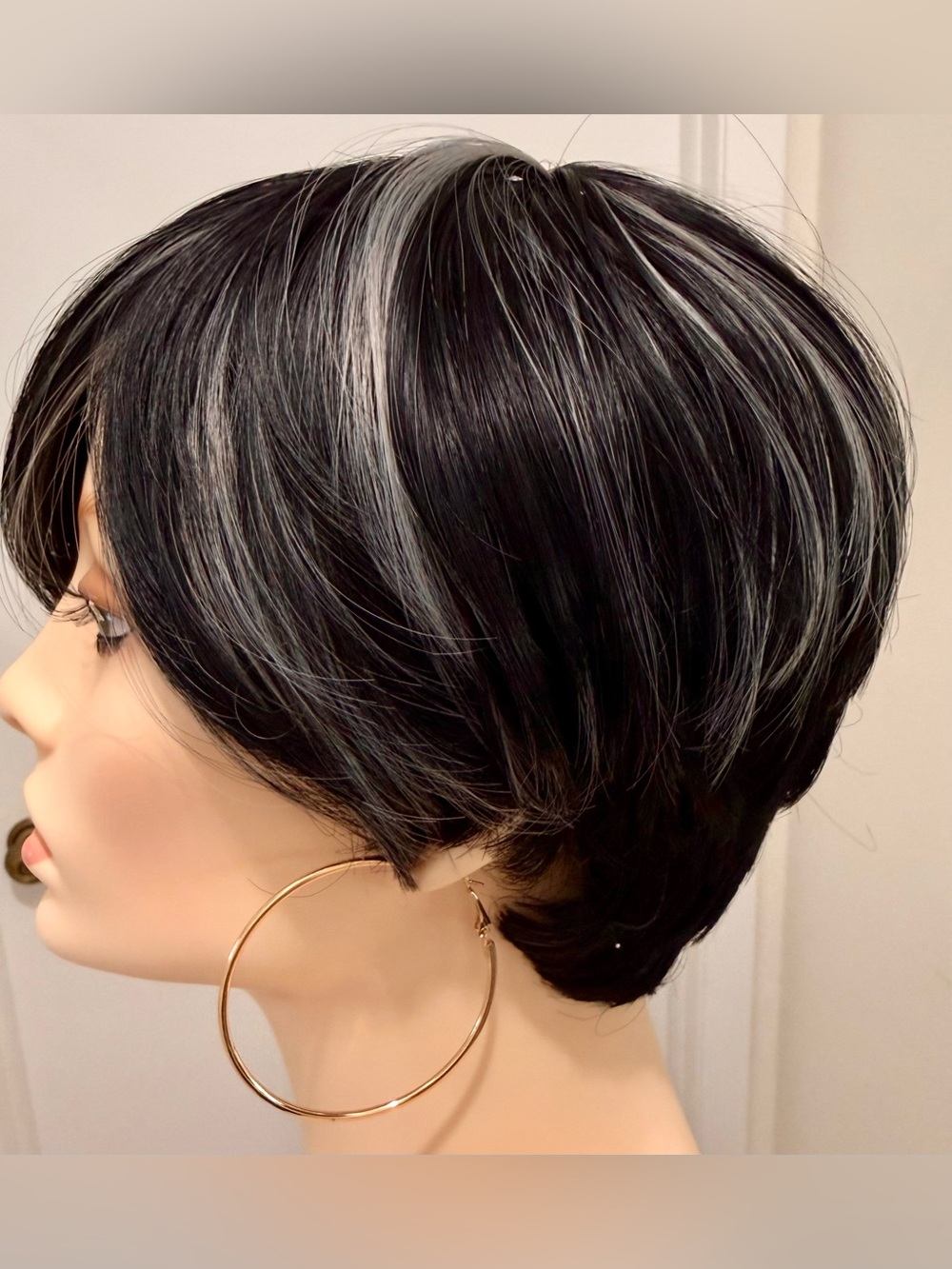 HAIR, Pixie with Nails, Long Bangs, Spiral Crown, Black with Silver highlights - Picture 3 of 10